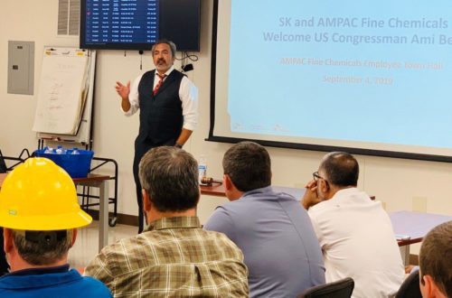 U.S. Rep. Ami Bera talks with employees at AMPAC Fine Chemicals during a town hall held this week at the company’s headquarters.
